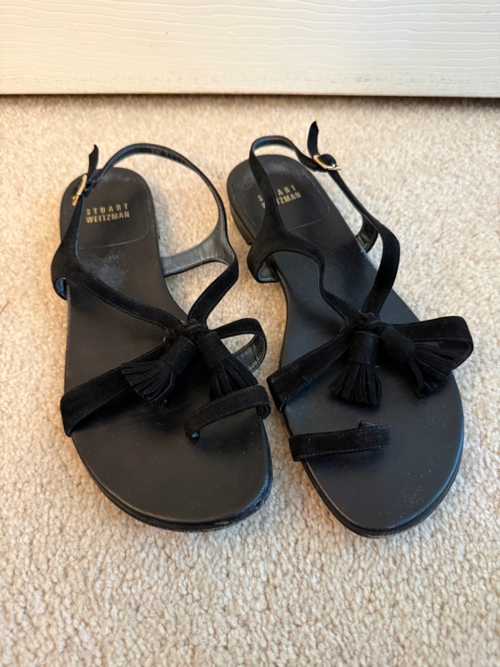 Stuart Weitzman Black Velvet Tassel Slingback Sandals
